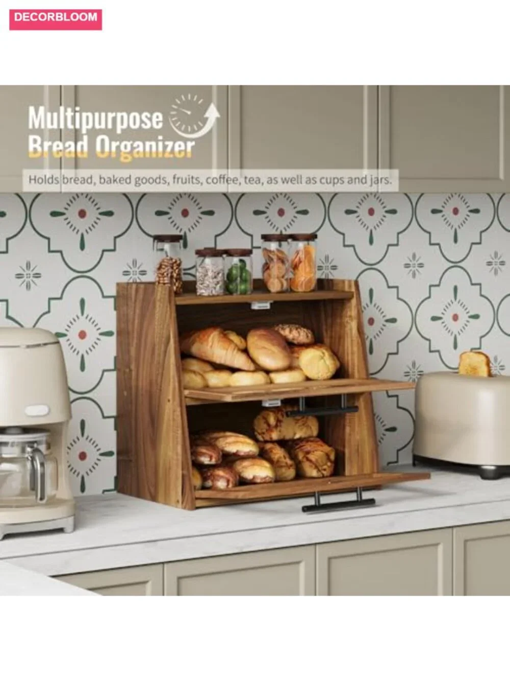 Acacia Wood Double Layer Bread Box with Window and Metal Handles